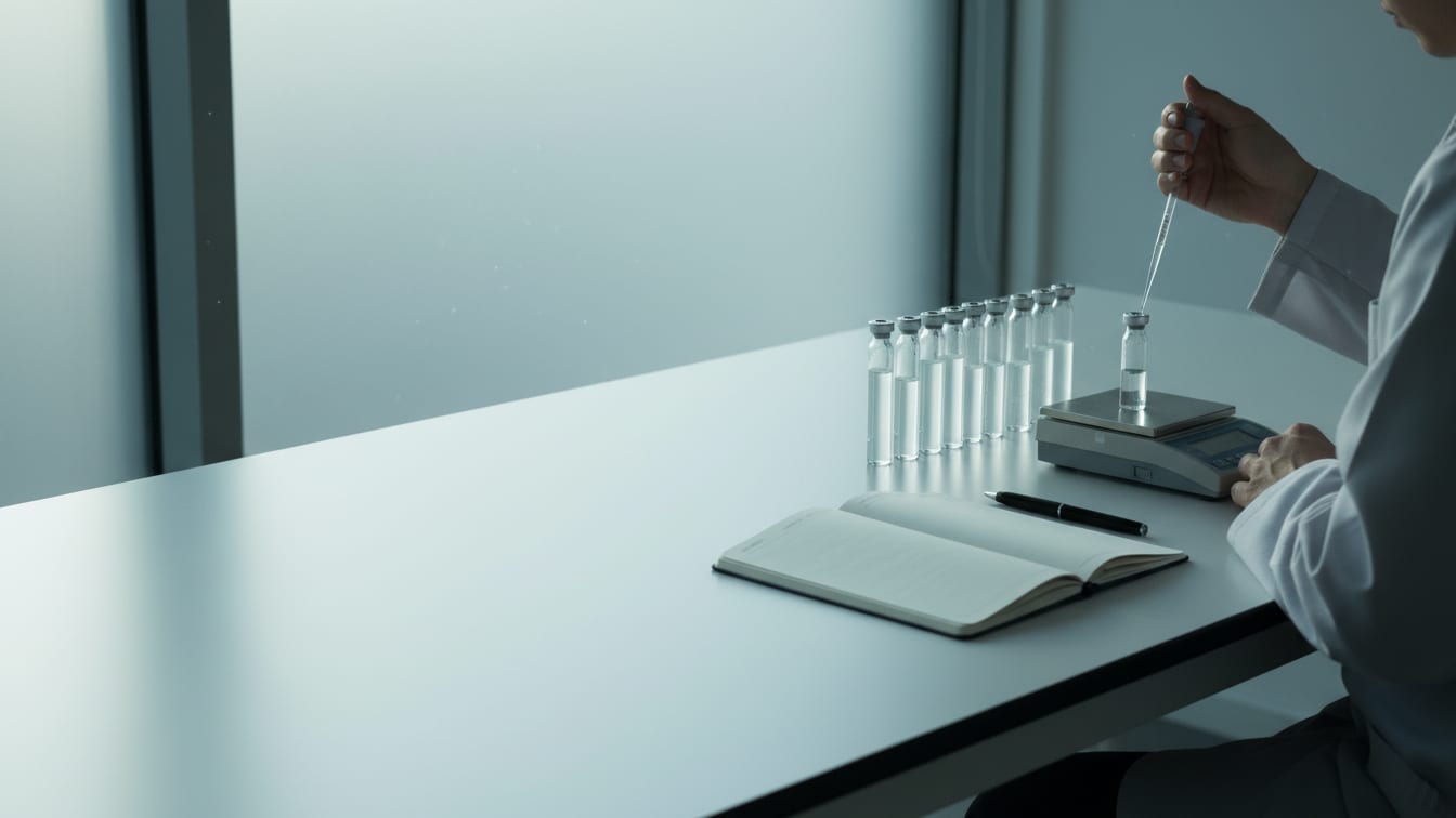 Illustration: A wide, quiet laboratory bench at dawn: a row of clear glass vials, a precision scale and a notebook with a.
