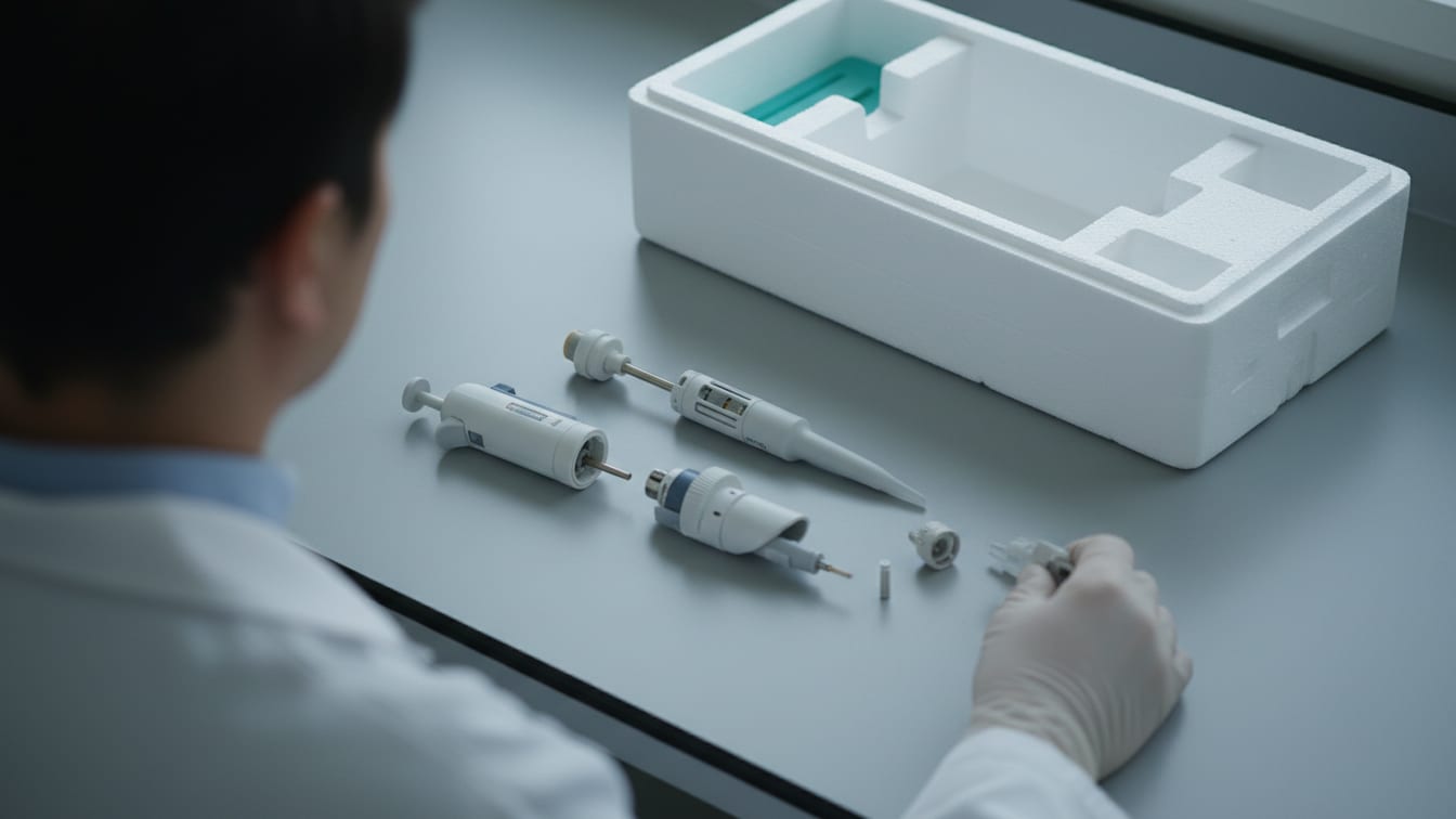 Illustration: A partially disassembled pipette, an empty insulated shipping box.