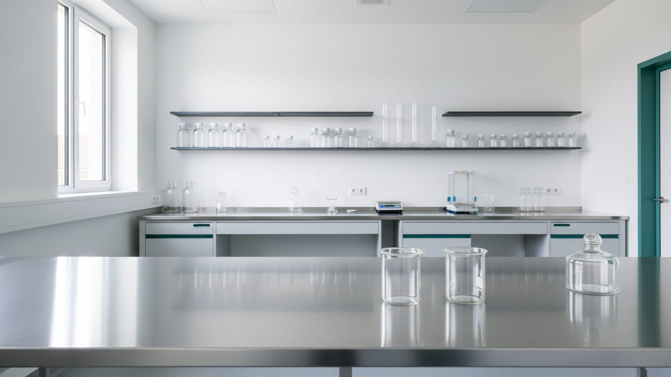 Illustration: A sterile compounding lab with a clear glass beaker and container on a stainless steel counter.