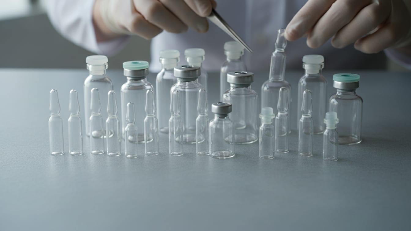 Illustration: A cluster of empty, clear glass vials of different shapes and sizes on a cool grey surface.