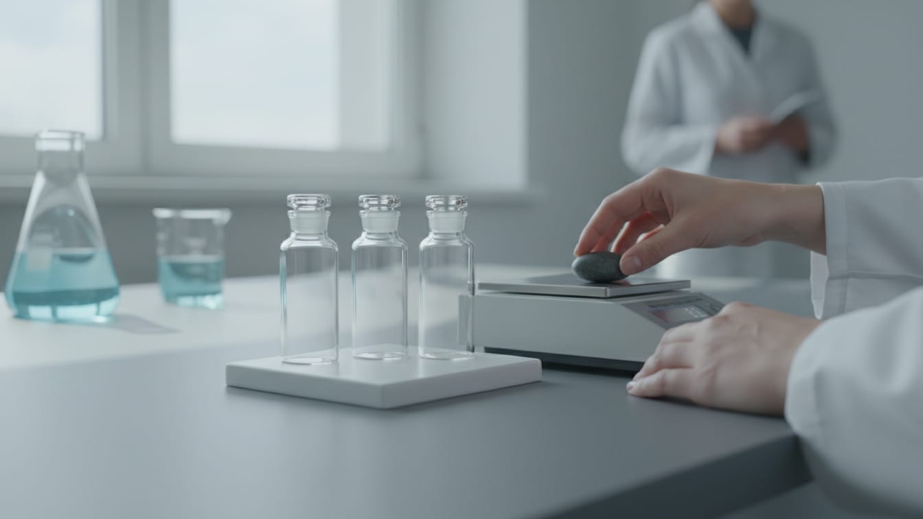Illustration: Empty clear glass vials and an analytical balance on a cool grey lab bench.