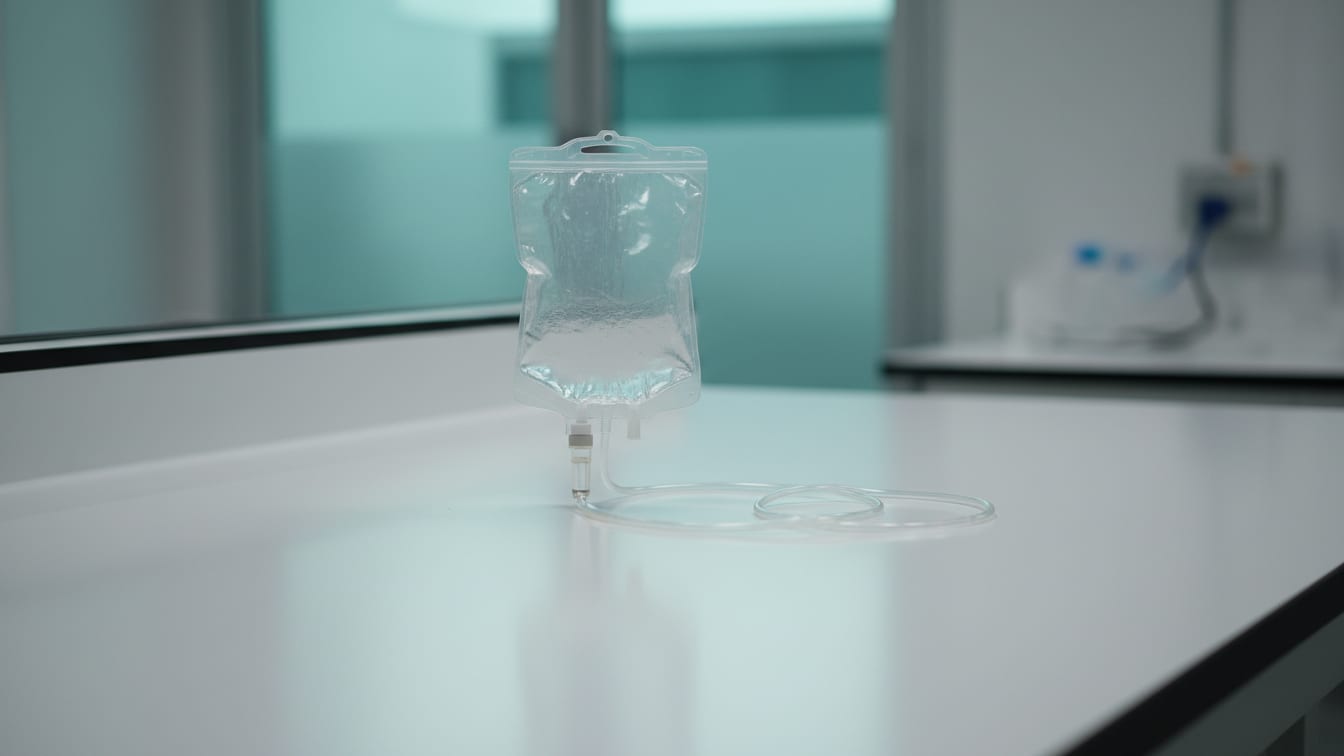 Illustration: An empty IV bag with tubing on a sterile white surface, lit by soft daylight.