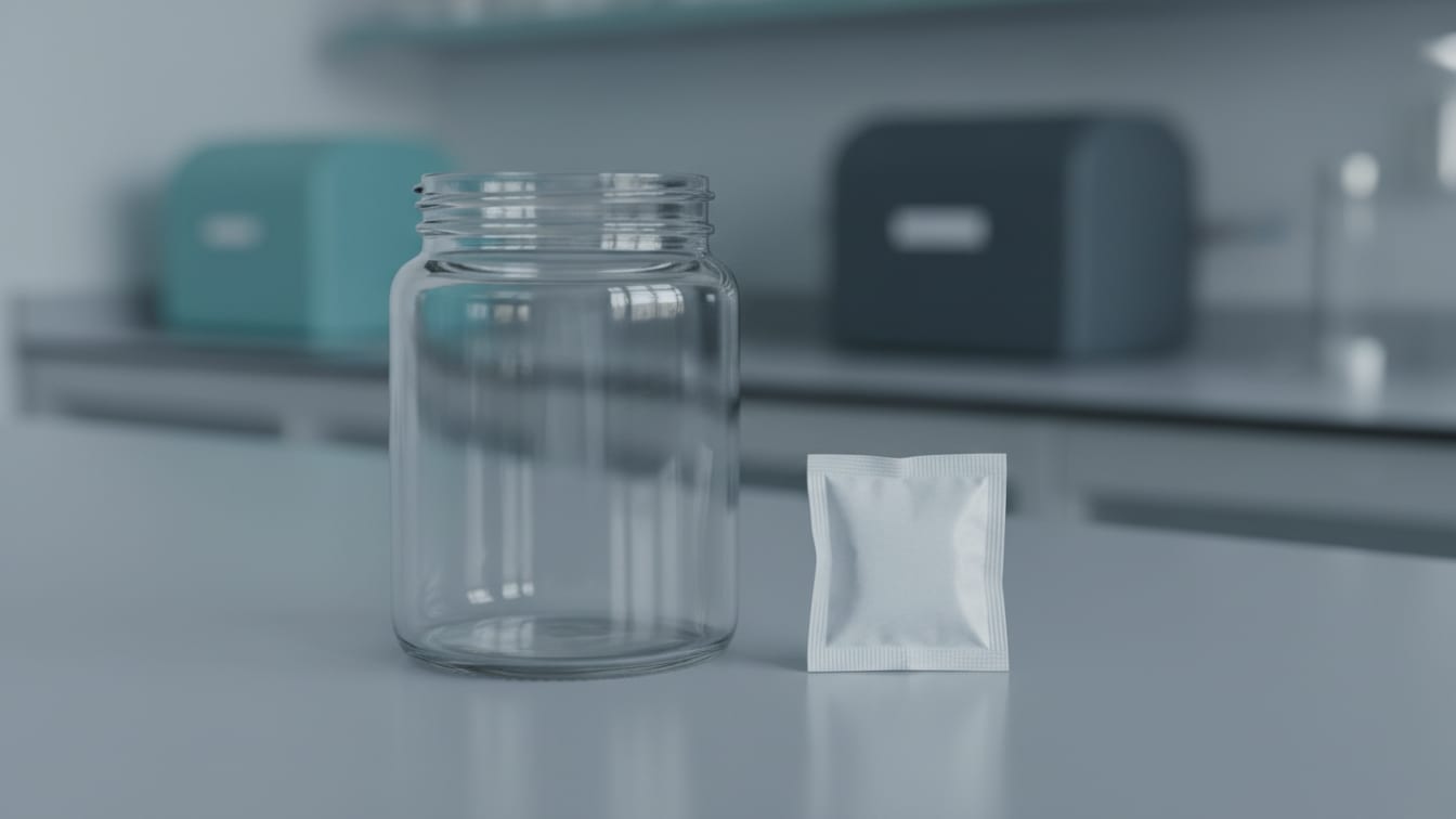 Illustration: An empty pharmaceutical-grade glass jar and a desiccant packet on a cool grey lab bench.