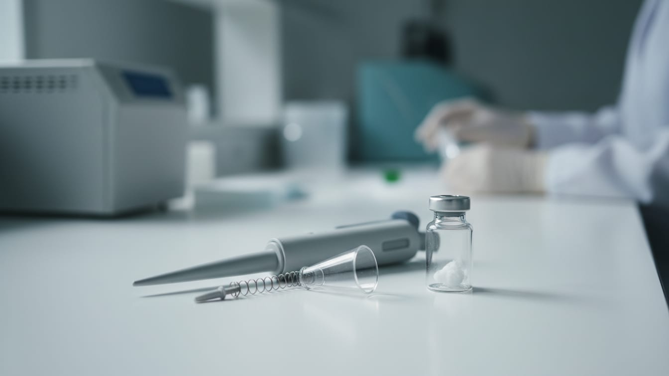 Illustration: A partially disassembled lab pipette and a vial of white powder on a white lab bench.