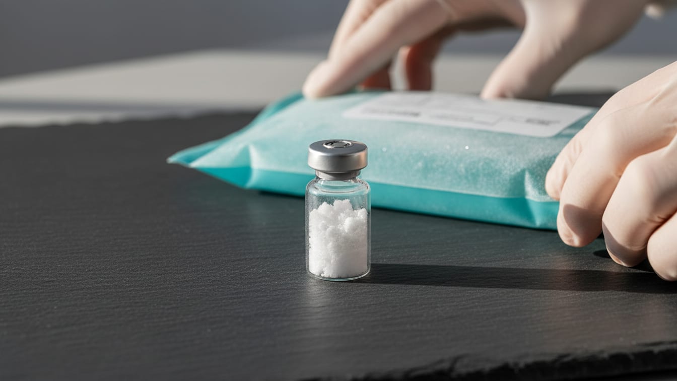 Illustration: A clear glass vial with lyophilized powder on slate, with a soft teal-accented cold pack in the background.