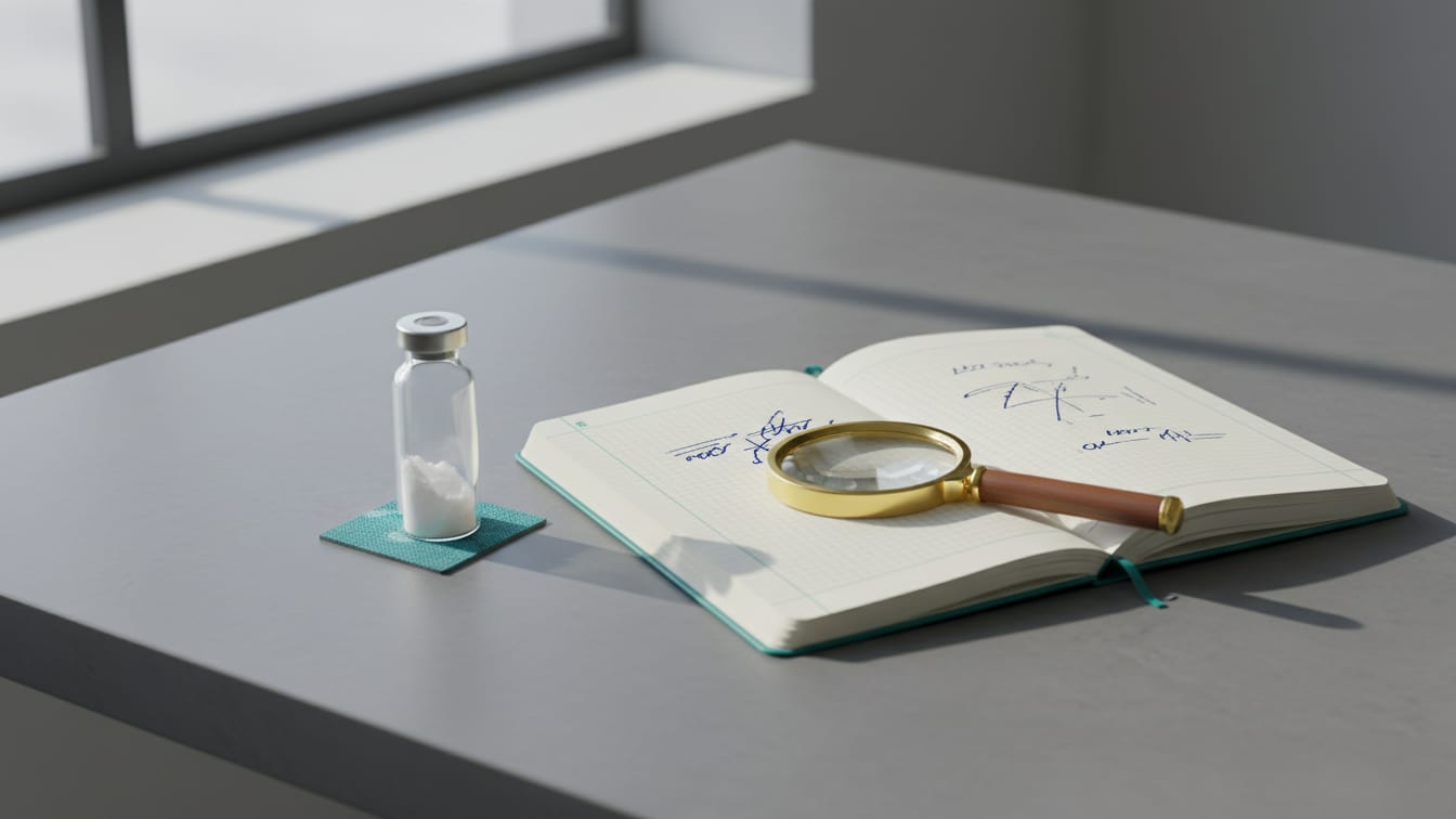 Illustration: A notebook, magnifier, and a vial of powder on a cool grey desk.