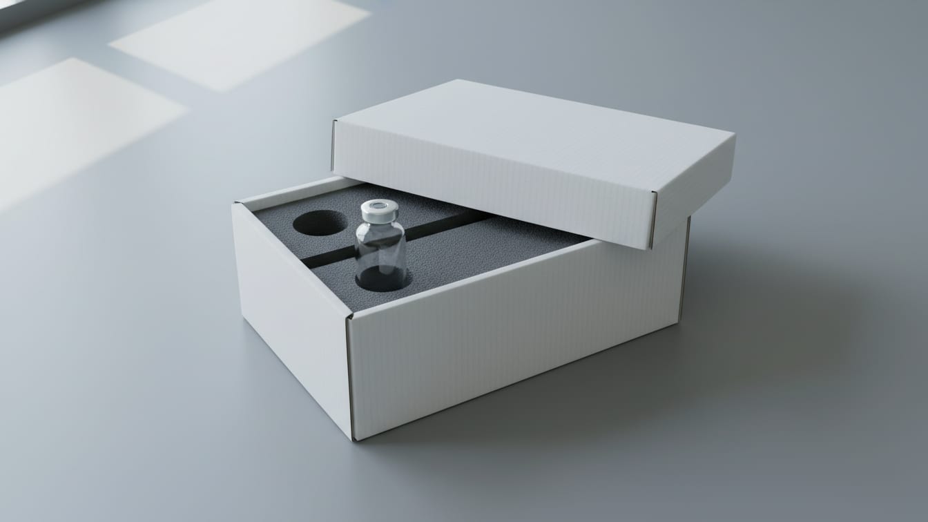Illustration: An empty insulated shipping box with foam inserts and a clear glass vial on a cool grey surface.