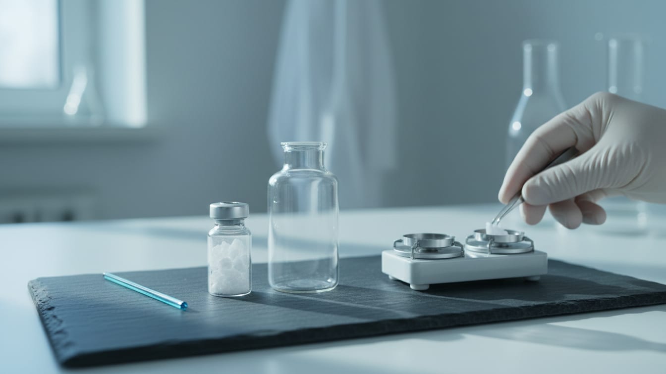 Illustration: A clear glass vial with powder next to a larger empty vial and a precision balance on a slate lab bench.
