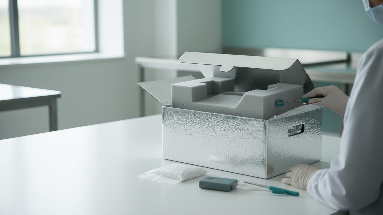 Illustration: An open insulated shipping box with foam inserts, in soft daylight.