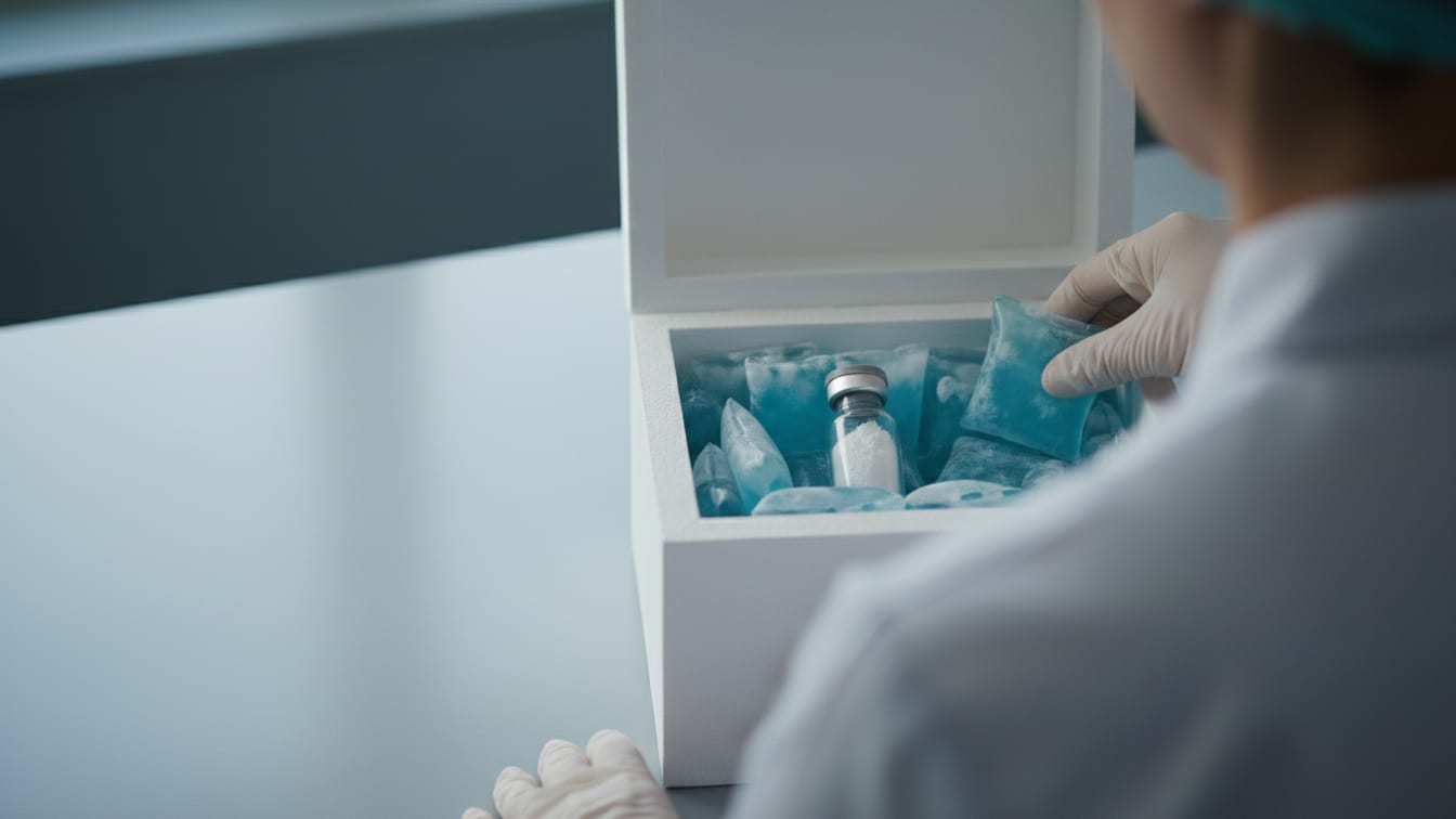Illustration: An unbranded, white insulated shipping box with cold packs and a clear glass vial of white powder.