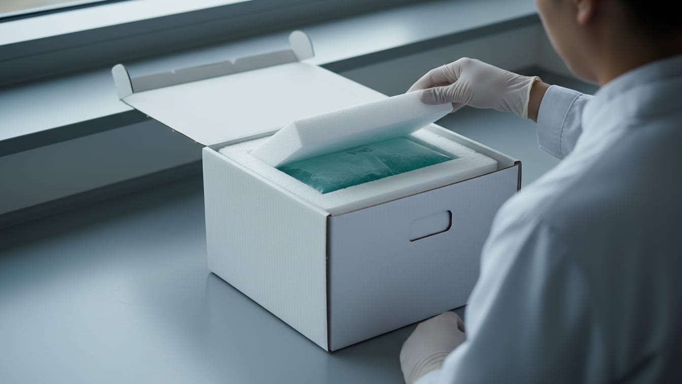 Illustration: An insulated shipping box with foam inserts and a cold pack on a cool grey surface.