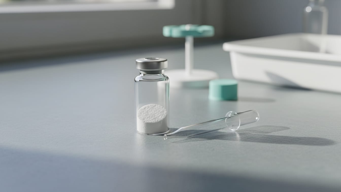 Illustration: A clear glass vial with lyophilized powder and a pipette on a cool grey surface.
