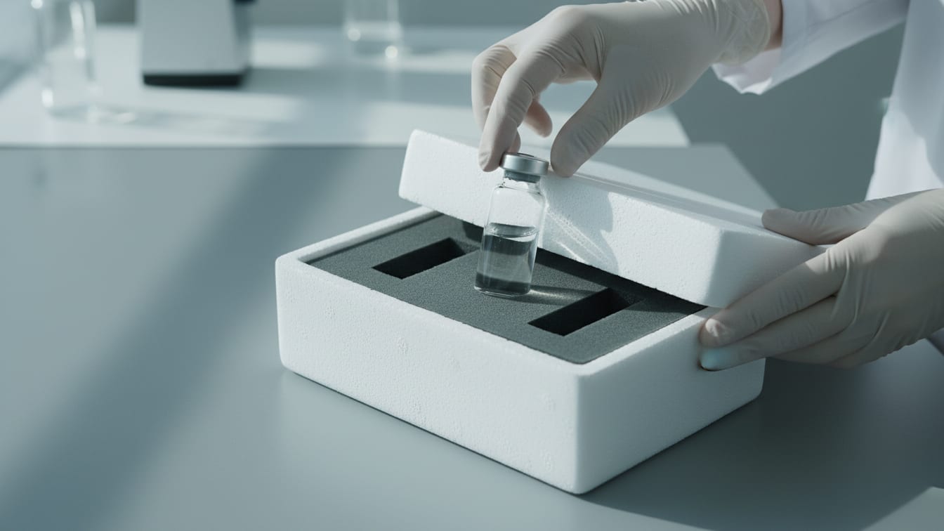 Illustration: An insulated shipping box with a clear glass vial and foam inserts on a cool grey surface.