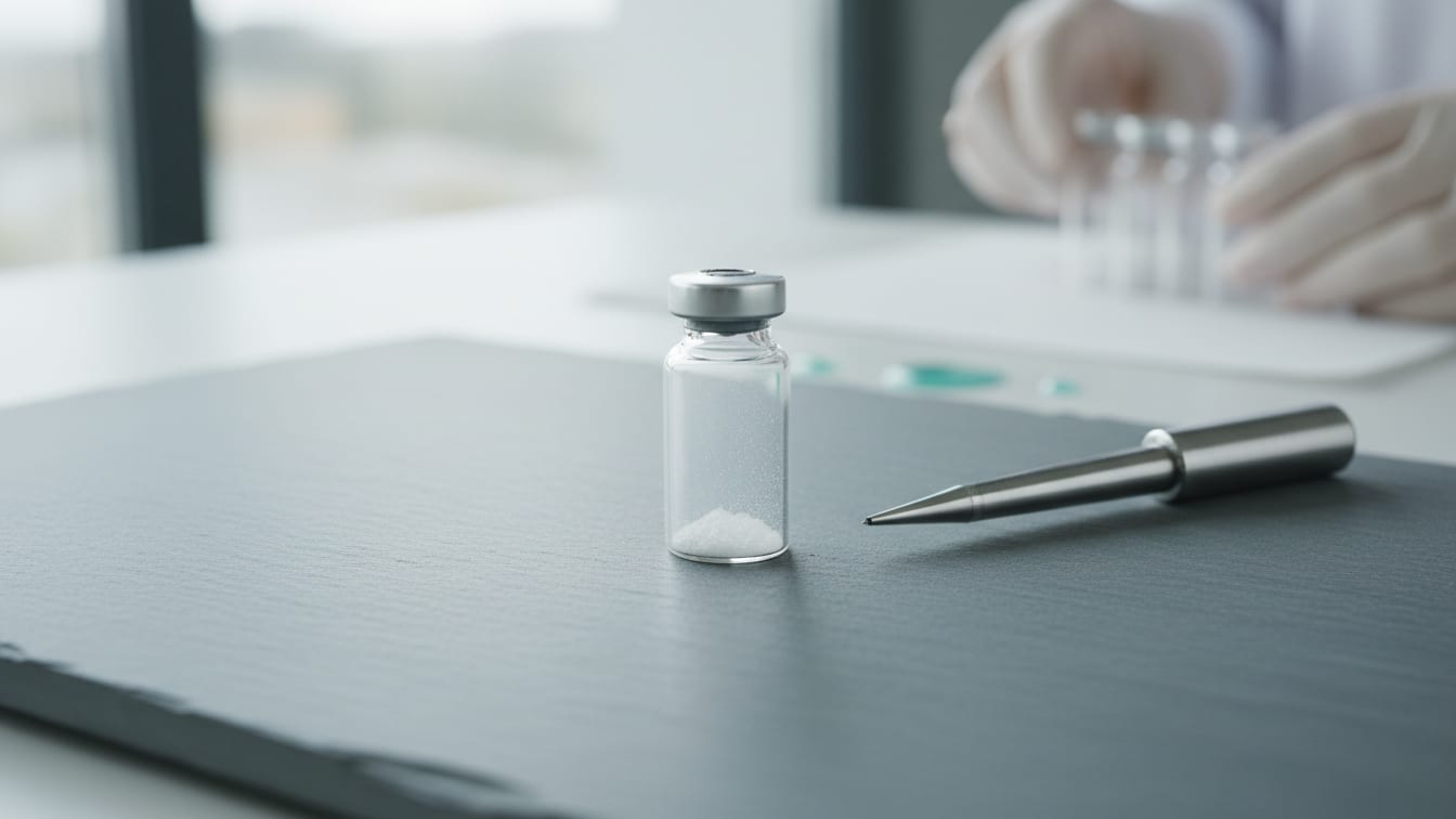 Illustration: A clear glass vial with lyophilized powder and a pipette on a cool grey slate surface in soft daylight.