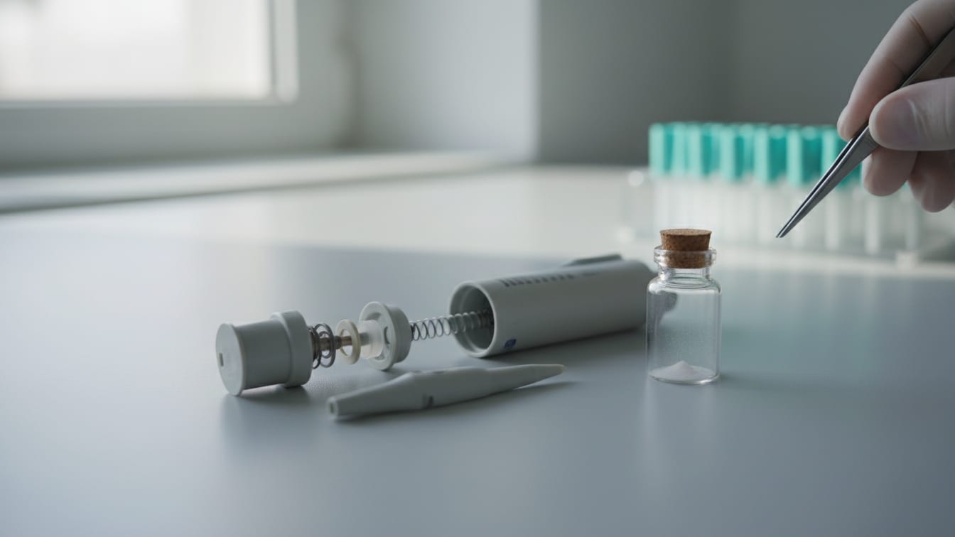 Illustration: A partially disassembled pipette and a clear glass vial with powder on a cool grey lab bench.