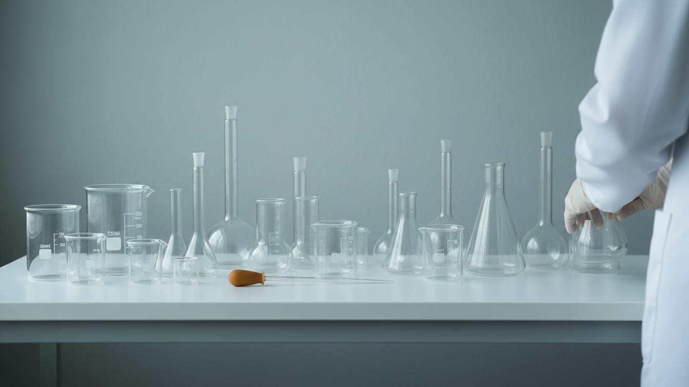 Illustration: Empty laboratory glassware and a pipette on a white lab bench in soft, diffused light.
