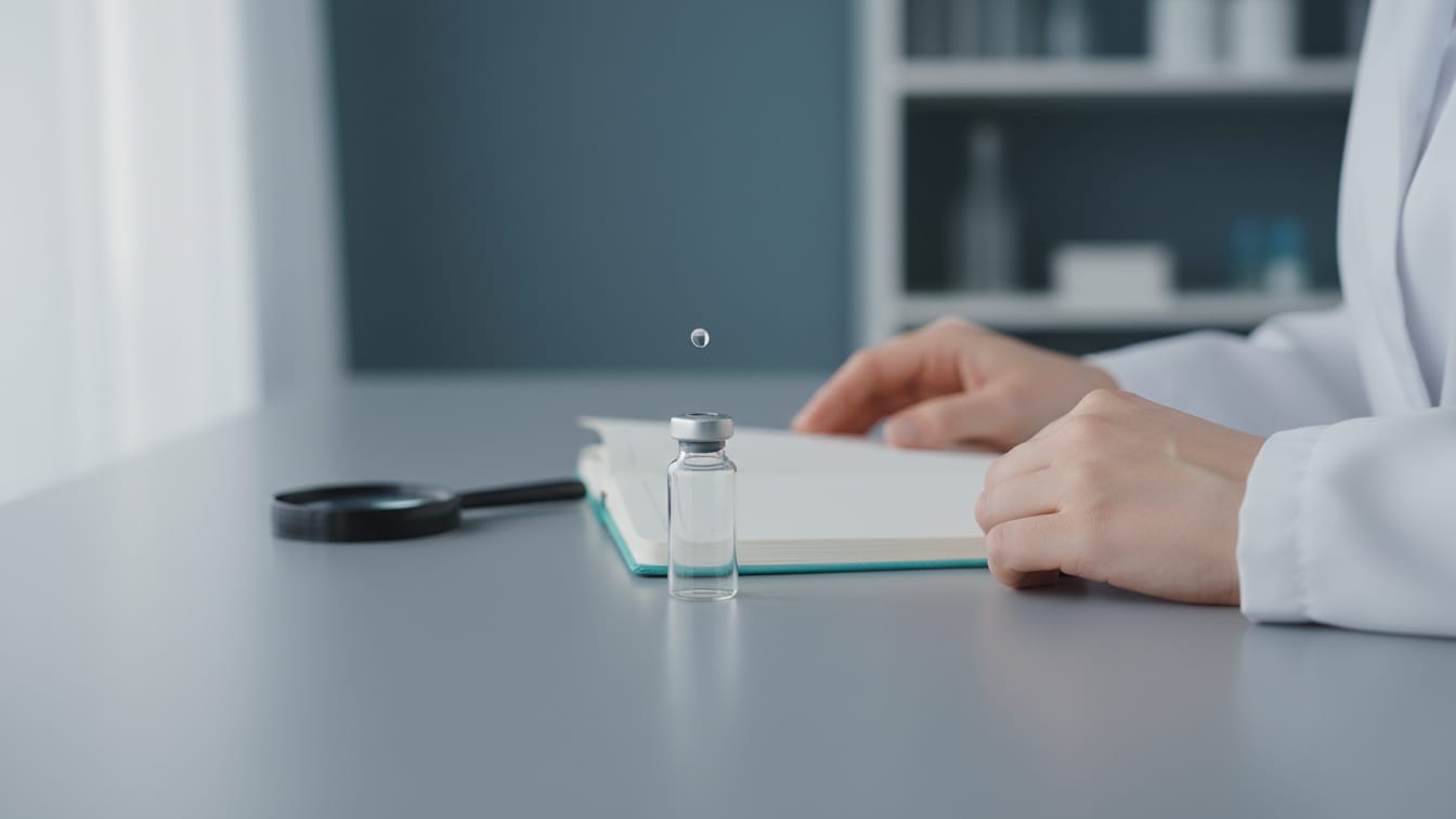 Illustration: An empty glass vial with a single drop of liquid, a blank notebook.