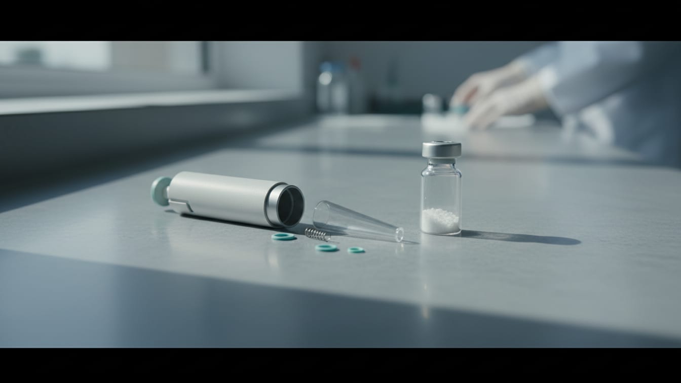 Illustration: A partially disassembled pipette and a clear glass vial with powder on a cool grey lab bench.