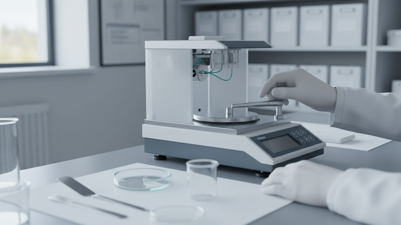 Illustration: A clean, partially disassembled analytical balance on a cool grey lab bench, lit by soft daylight.