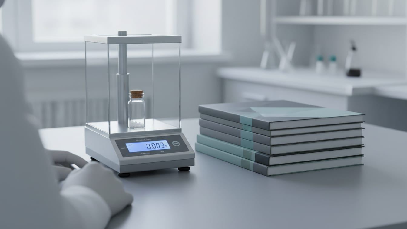 Illustration: A precision scale with a vial of powder, next to four journals on a cool grey desk.