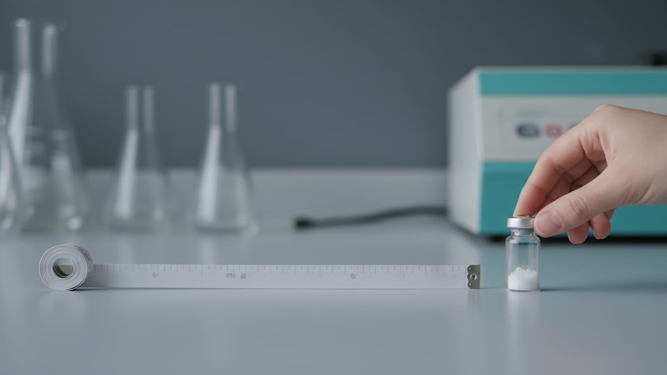 Illustration: A measuring tape and a glass vial with powder on a cool grey lab bench.