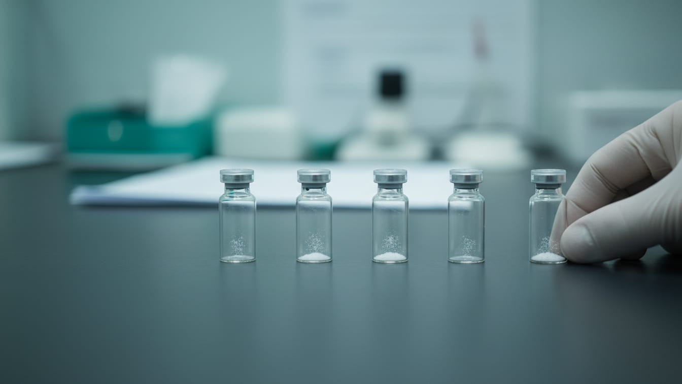 Illustration: Four small clear glass vials with minuscule amounts of white powder on a slate-grey surface.