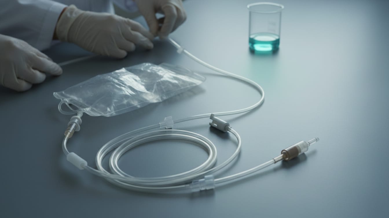Illustration: An intravenous drip set, partially disassembled and empty, on a sterile, cool grey surface.