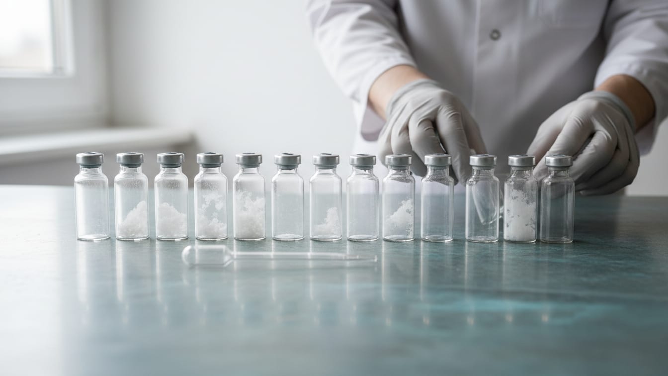 Illustration: Various clear glass vials, some with powder, and a pipette on a cool grey slate surface.