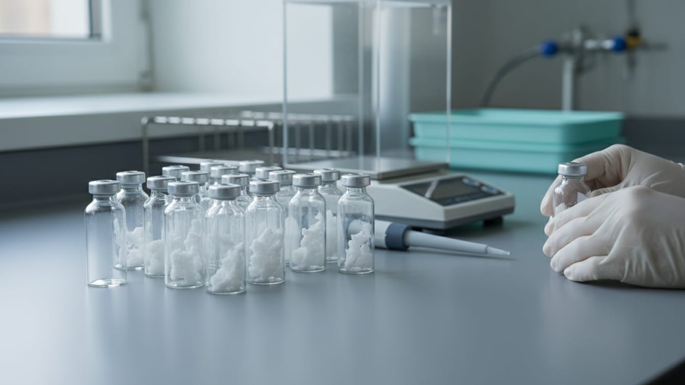 Illustration: Various clear glass vials with and without powder, a precision scale, and a pipette on a lab bench.