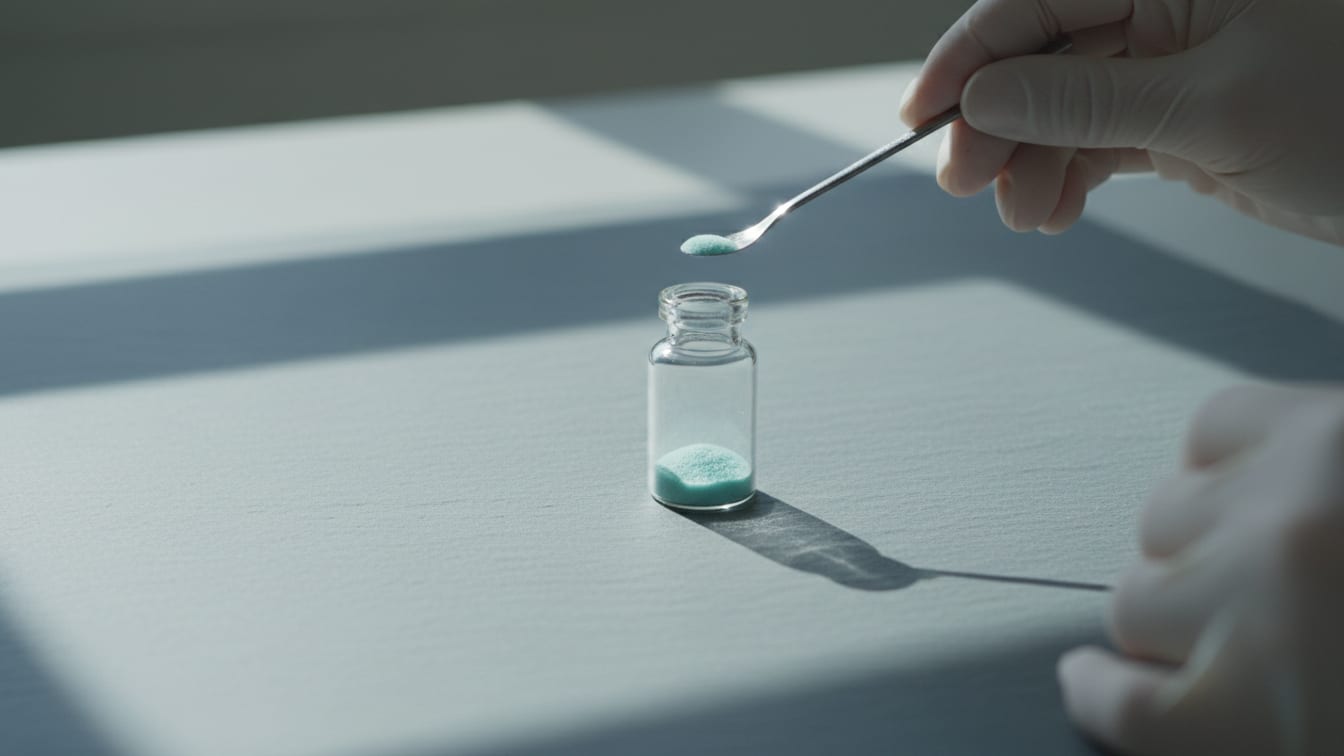 Illustration: A single clear glass vial with lyophilized powder on a cool grey slate surface.