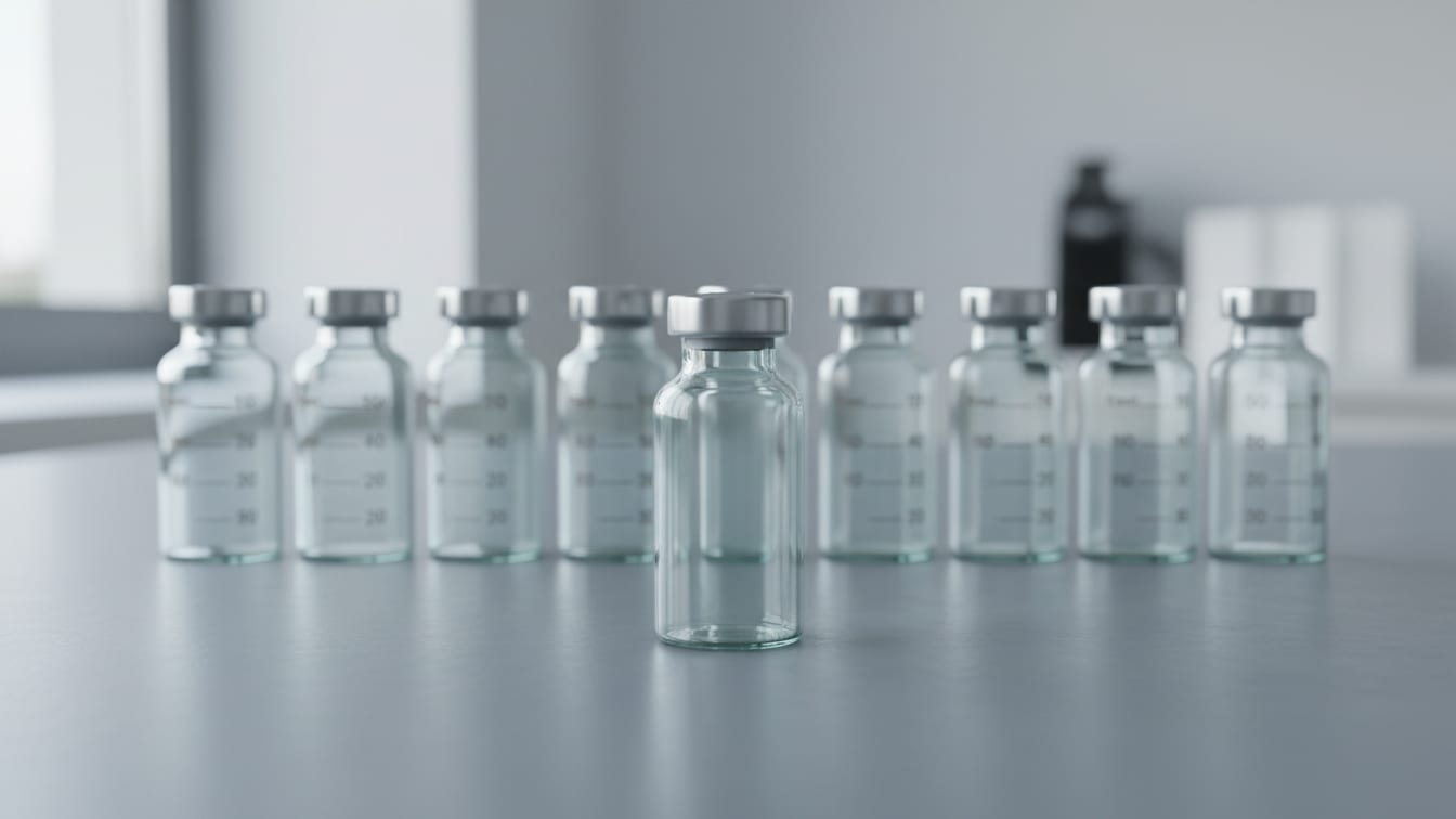 Illustration: An empty 30 mL clear glass vial on a cool grey lab bench, with other vials in the background.