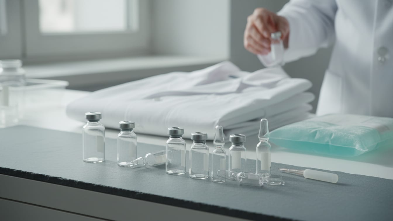 Illustration: Empty glass vials and a pipette on a slate surface.