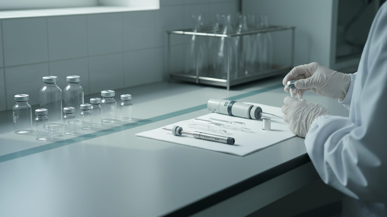 Illustration: Empty clear glass vials and a disassembled pipette on a cool grey laboratory bench.