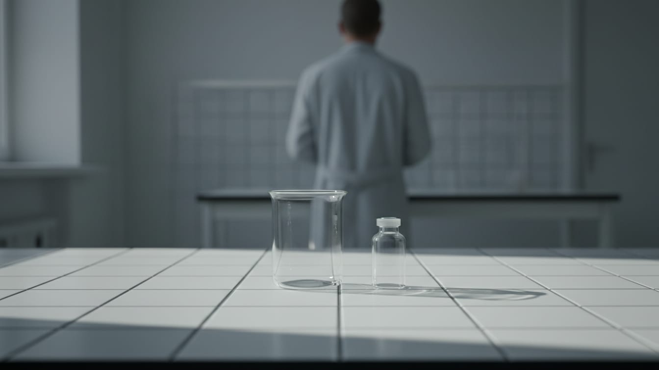 Illustration: An empty clear glass beaker and a small clear glass vial on a white laboratory bench.