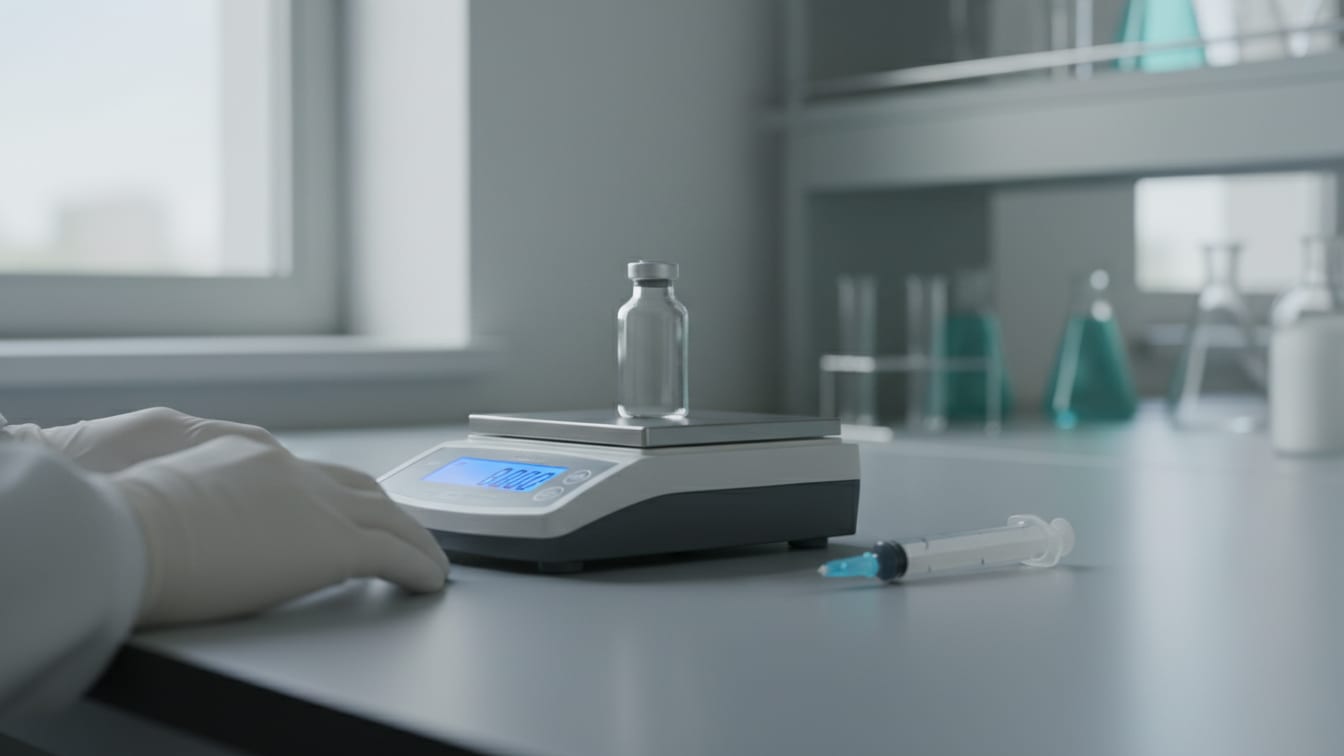 Illustration: A precision scale with an empty glass vial and a syringe on a lab bench.