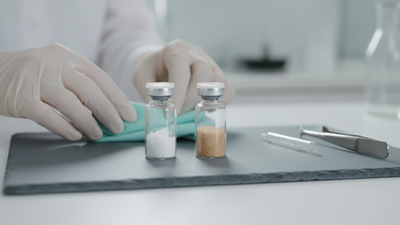 Illustration: Two clear glass vials, one with white powder, one with brown granules, on slate.