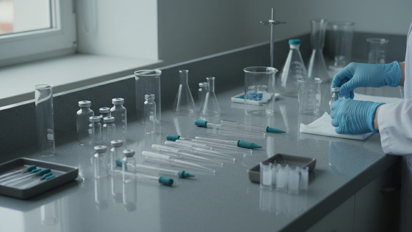 Illustration: Various empty glass vials, pipettes, and beakers arranged on a cool grey lab bench.