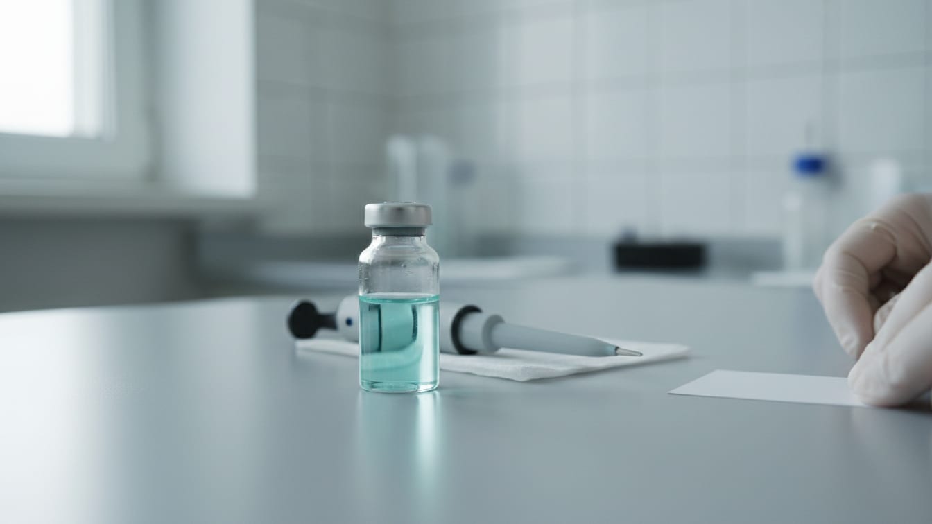 Illustration: A clear glass vial with light teal liquid next to a precision pipette on a cool grey lab bench.