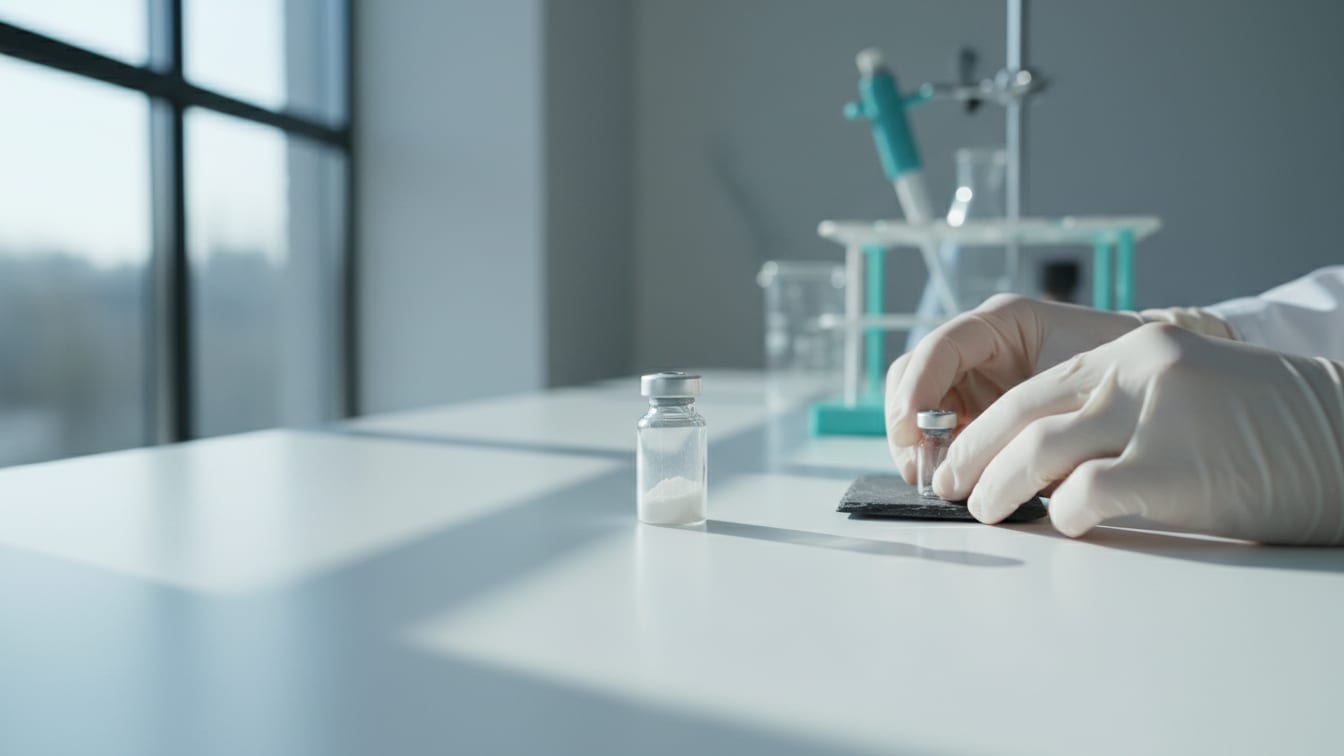 Illustration: A small glass vial with powder on a white surface, lit by soft daylight.