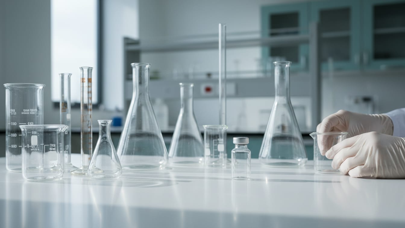 Illustration: Empty laboratory glassware and a clear, capped vial on a white lab bench in soft light.