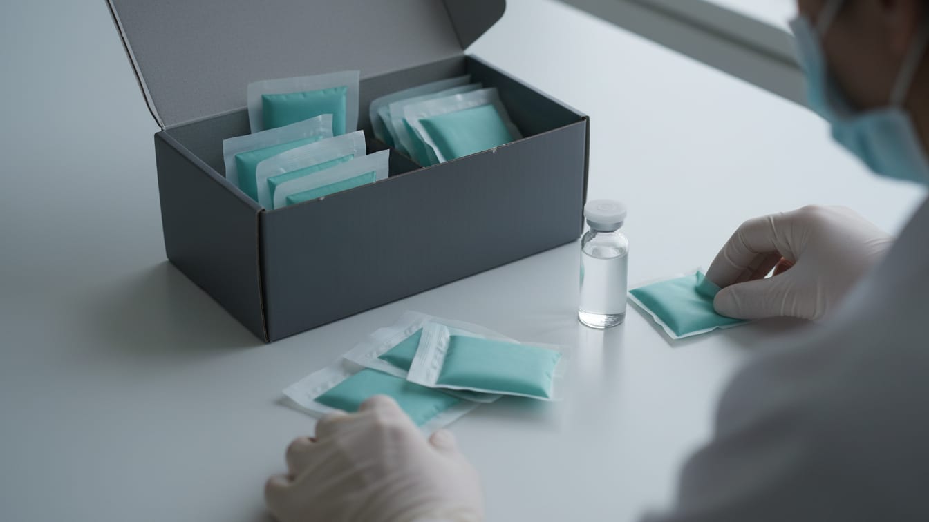 Illustration: Cold packs and a clear glass vial on a cool grey surface, lit by soft daylight.