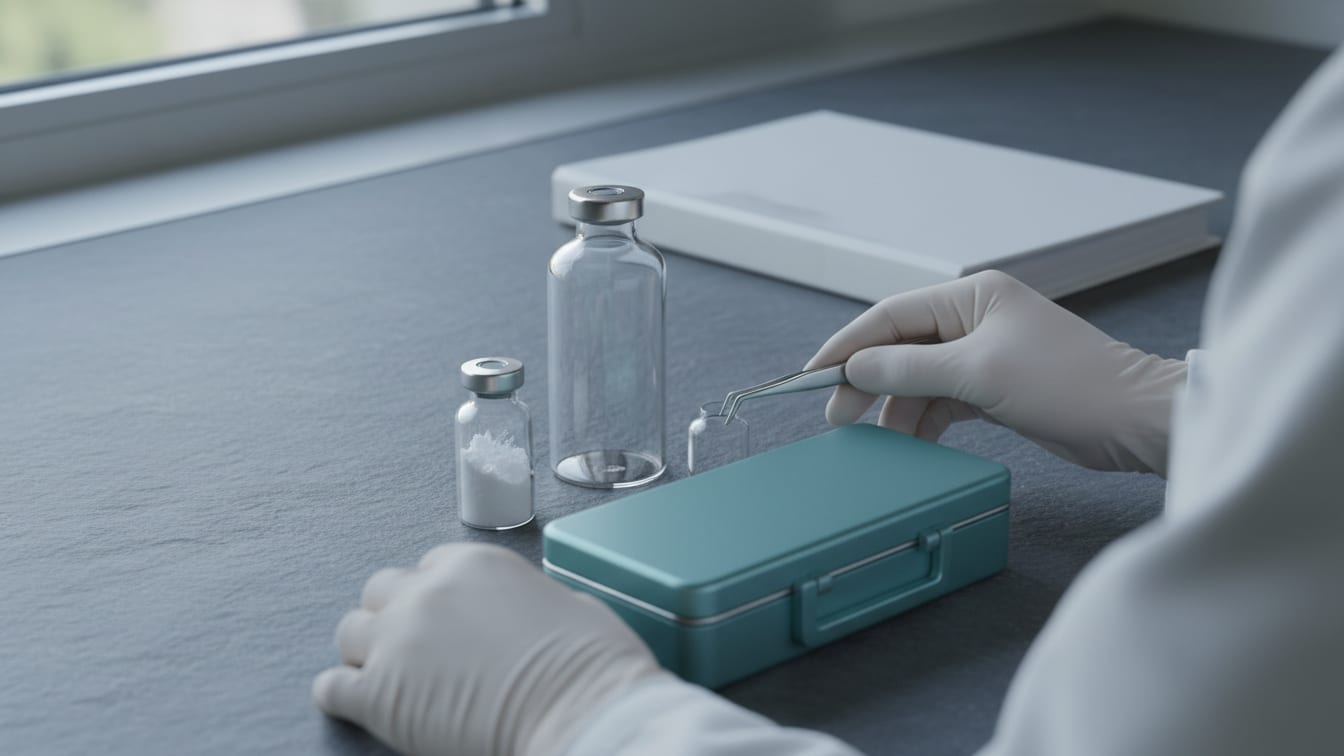 Illustration: A small vial with powder next to a larger empty vial on a slate lab bench.