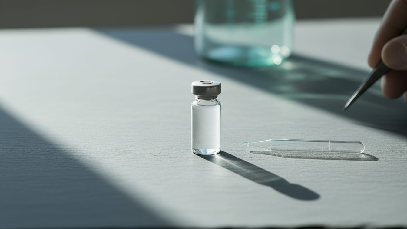 Illustration: A clear glass vial and a pipette on a cool grey slate surface, lit by soft natural light.