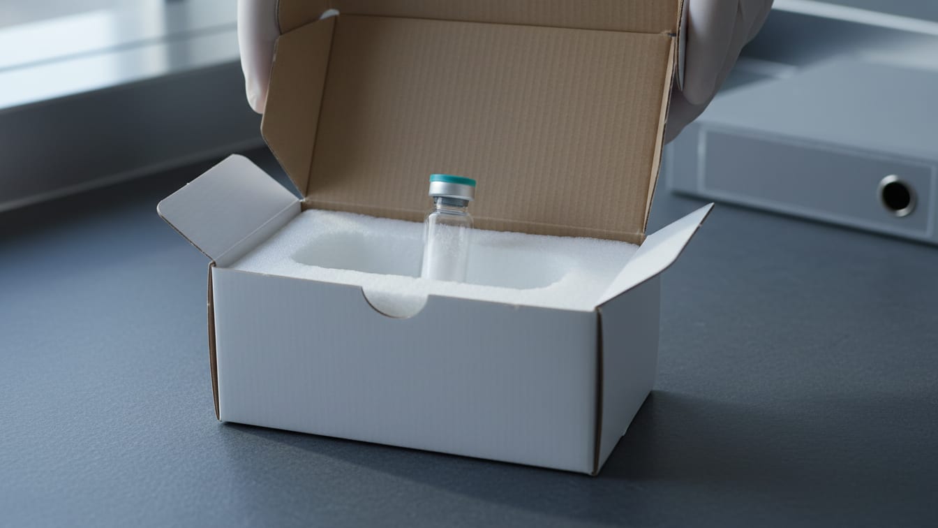 Illustration: An open insulated shipping box with a clear glass vial containing lyophilized powder.