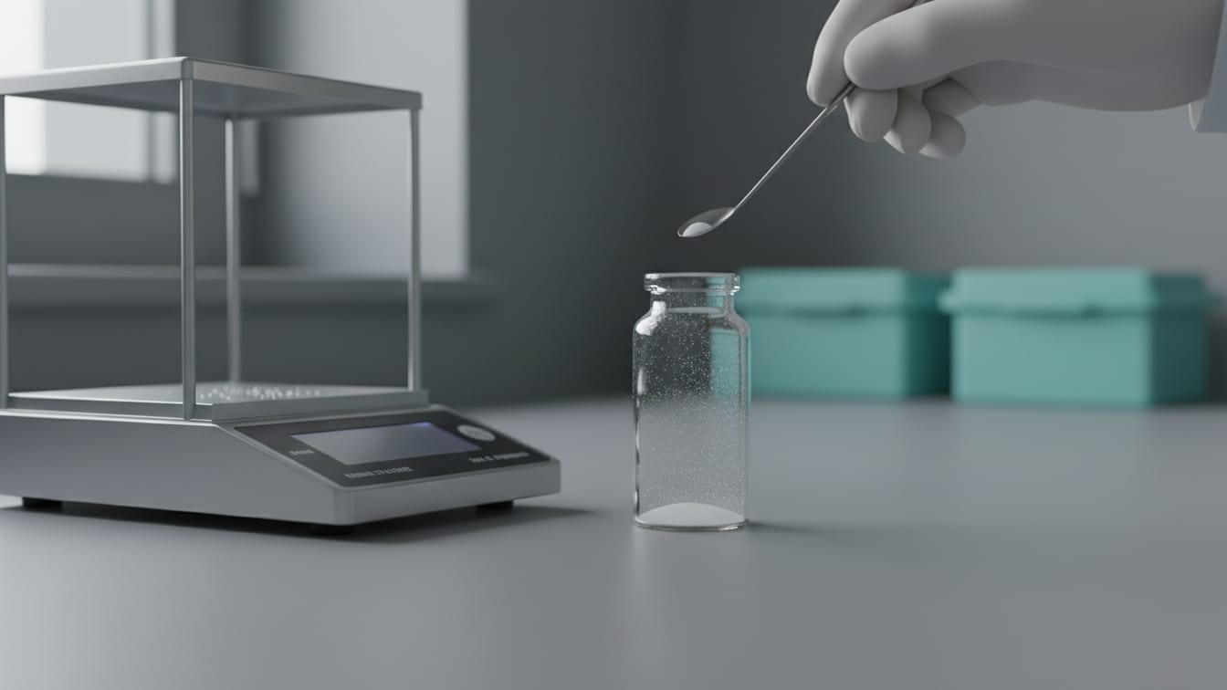 Illustration: A clear glass vial with powder next to a precision scale on a cool grey lab bench.