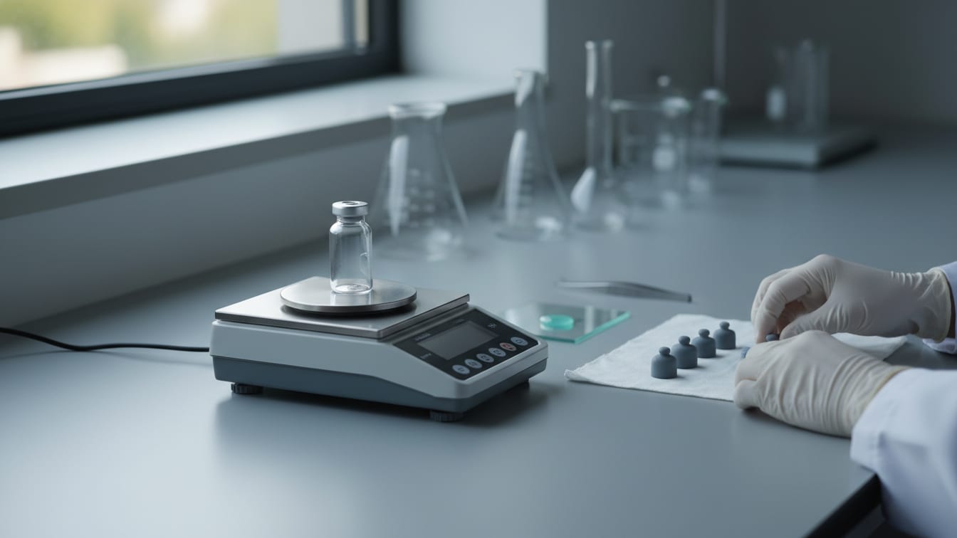Illustration: An empty glass vial sits on a precision scale on a cool grey lab bench.