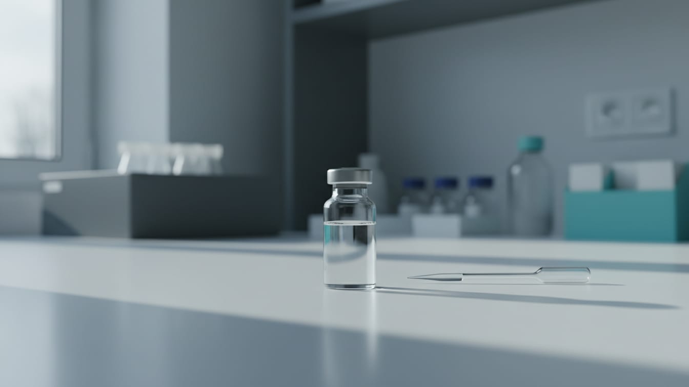 Illustration: A clear glass vial and a pipette on a white lab bench in soft daylight.
