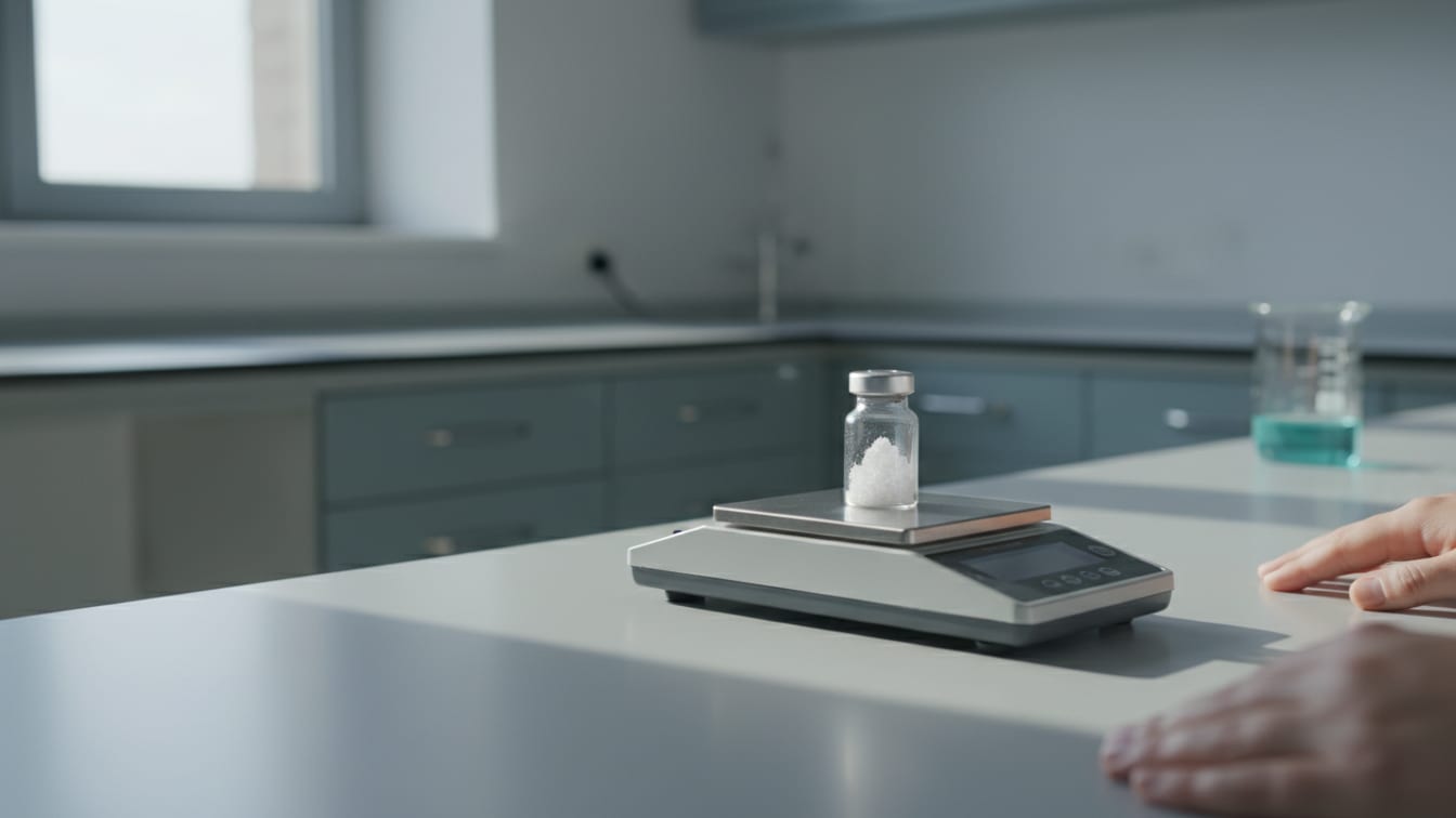 Illustration: A precision scale with a clear glass vial of lyophilized powder on a cool grey lab bench.