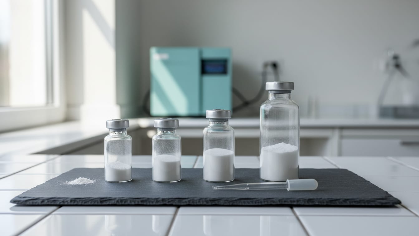 Illustration: Four vials with different powder levels and a pipette on a slate surface.