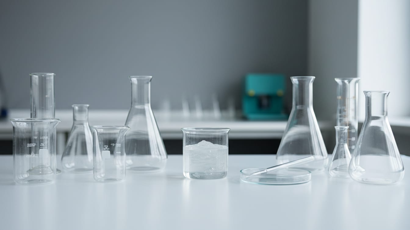Illustration: Laboratory glassware and a clear hydrogel on a white lab bench, emphasizing delivery methods.
